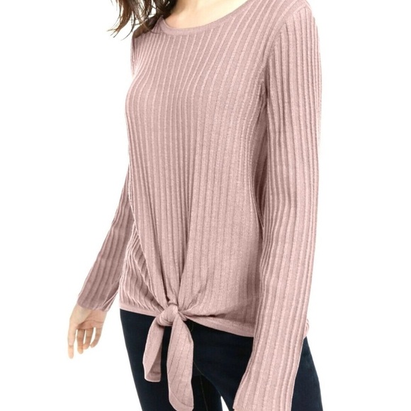 INC International Concepts Sweaters - INC International Concepts Blush Pink Ribbed Tie Front Crewneck Sweater New XL